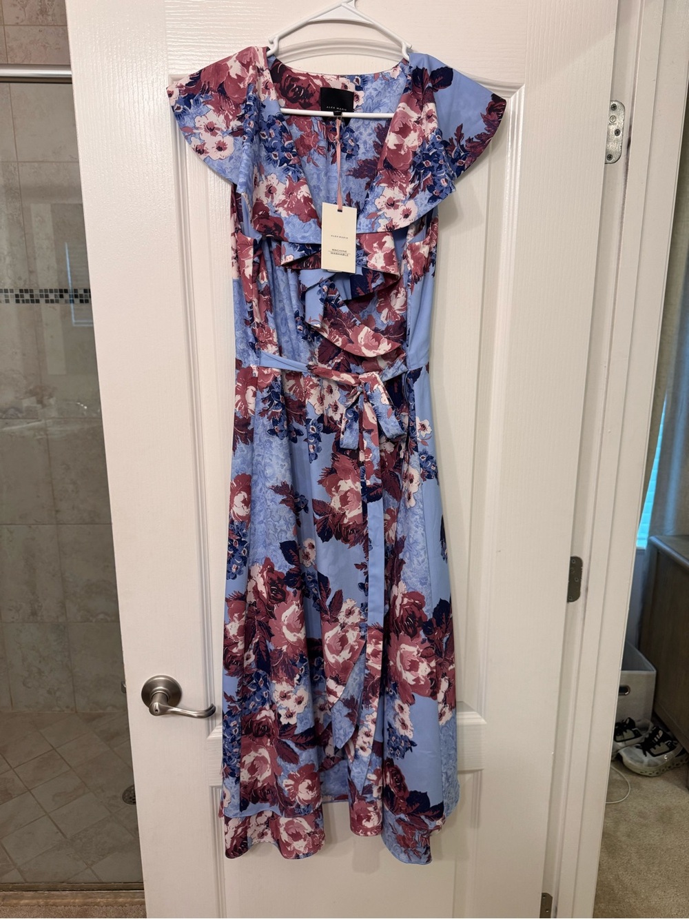 Alex Marie Light Blue & Rose Floral Ruffle Wrap Midi Dress